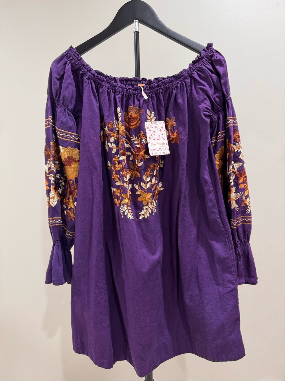 Free People Purple Peasant Tunic with Gold & White Floral Embroidery